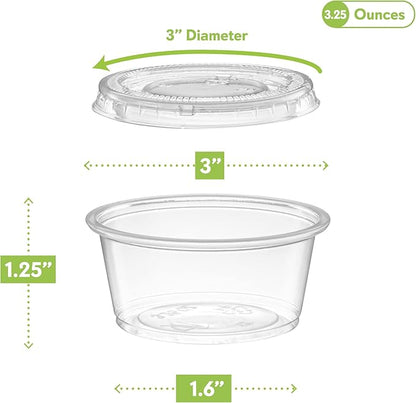 (3.25 oz - 100 Sets) Clear Diposable Plastic Portion Cups With Lids, Small Mini Containers For Portion Controll, Jello Shots, Meal Prep, Sauce Cups, Slime, Condiments, Medicine, Dressings,
