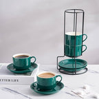 YOLIFE 8oz Porcelain Stackable Cappuccino Cups with Saucers and Metal Stand Set of 4, Coffee cups for Espresso, Specialty Coffee Drinks, Latte, Americano and Tea - Green