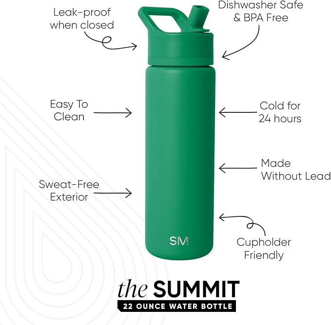 Simple Modern Water Bottle with Straw Lid | Vacuum Insulated Stainless Steel Metal | Reusable Leak Proof BPA-Free Cup for School | Summit Collection | 22oz, Kelly Green