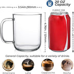 Aquach Glass Mugs 20 oz Set of 2, Extra Large Clear Glass Cup with Handle for Hot/Cold Coffee Tea Beverage, Drinking Glasses