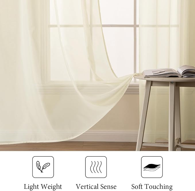 MIULEE Light Cream Sheer Curtains 54 X 63 Inches, 2 Panels | Solid Color - Image 4