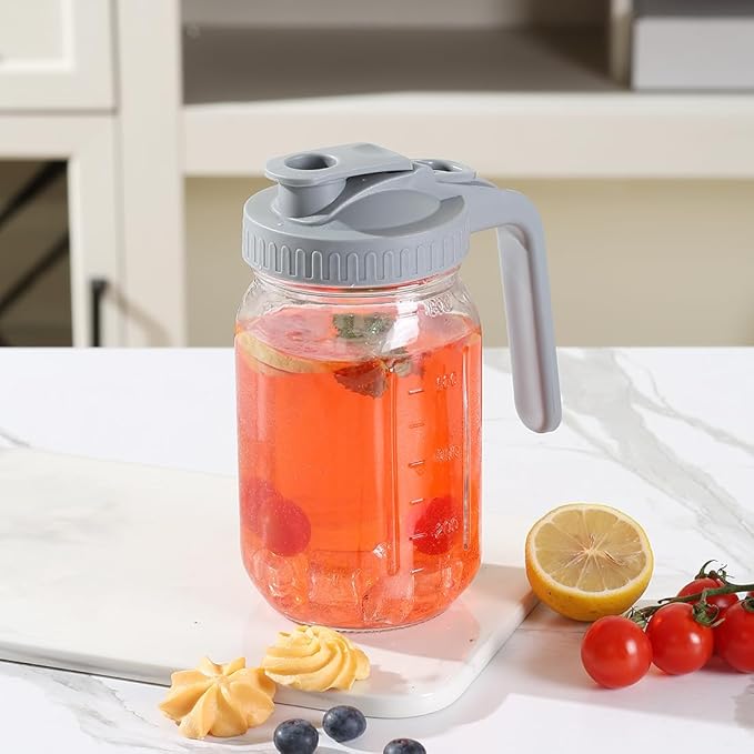 Glass Tea Pitcher with Wide Mouth Airtight Lid Leak Proof Fridge Container with Gray Lid Mason Jar for Water, Tea,Juice and Drinks (1 Pack-32OZ)