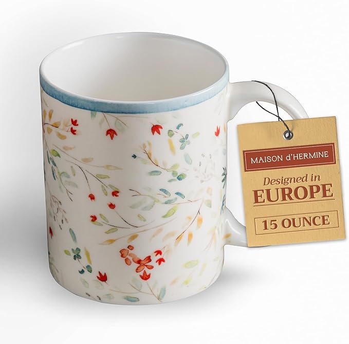 Maison d' Hermine Coffee Mug with Handles Fine Bone China Mugs Pack of One Tea Cups for Hot Beverages Cappuccino Latte Home Restaurant Office Perfect for Gift (Colmar - Blue, 15 Ounce)