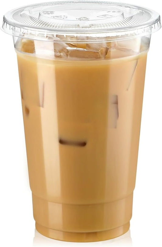 Fit Meal Prep 100 Pack 20 oz Clear Plastic Cups with Flat Lids, Disposable Iced Coffee Cups, BPA Free Premium Crystal Smoothie Cup for Party, Lemonade Stand, Cold Drinks, Juice, Milkshake