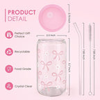 SANDJEST Bow Glass Can, Bows Cup with Lid & Straw, Iced Coffee Aesthetic Cups, Idea Gift for Christmas Birthday Mother Day, Gifts for Women, 16oz