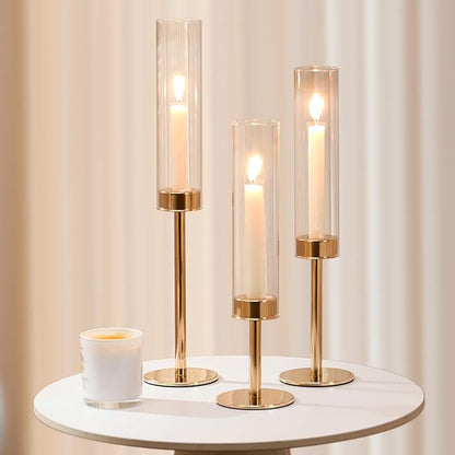 Gold Hurricane Candle Holders Set of 6, Tall Metal Windproof Glass Taper Candle - Image 7
