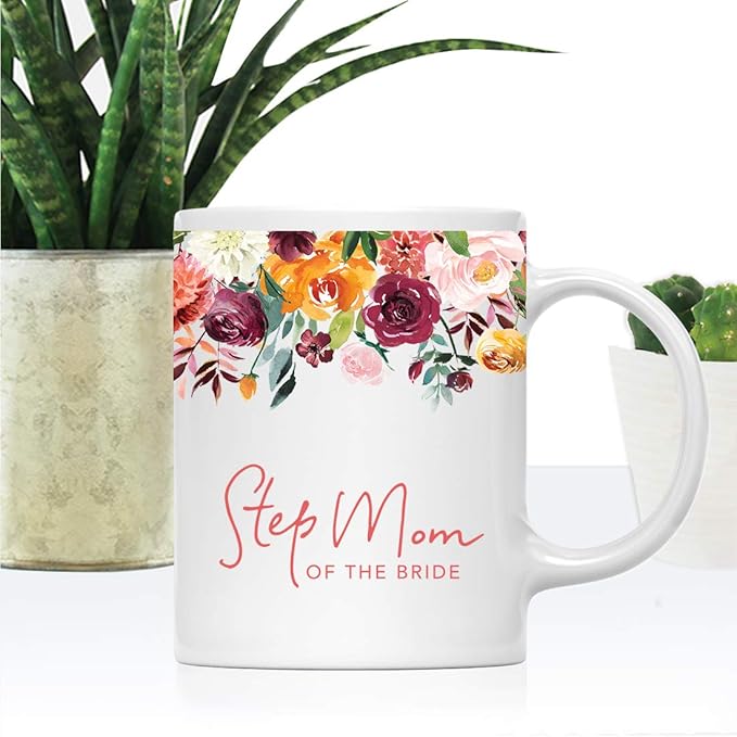 Andaz Press 11oz. Wedding Ceramic Coffee Tea Mug Gift, Fall Autumn Burgundy Orange Peach Flowers Roses Florals, Step Mom of the Bride, 1-Pack, Includes Gift Box