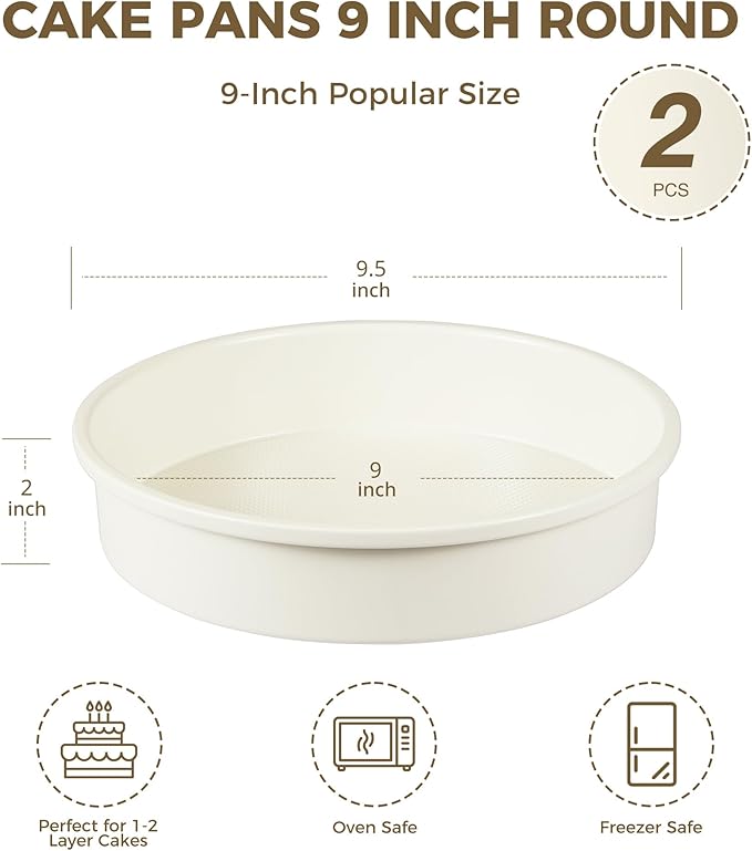 HONGBAKE 9 Inch Round Cake Pan Set of 2, Nonstick Ceramic Coating Cake Molds with Diamond Texture, 0.8 mm Aluminized Steel Cake Pans Sets for Baking & Cheesecake, Heavy Duty & Non-Toxic (Cream, 2PCS)