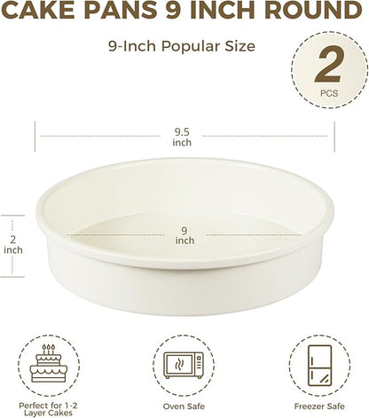 HONGBAKE 9 Inch Round Cake Pan Set of 2, Nonstick Ceramic Coating Cake Molds with Diamond Texture, 0.8 mm Aluminized Steel Cake Pans Sets for Baking & Cheesecake, Heavy Duty & Non-Toxic (Cream, 2PCS)