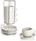 Sweese Porcelain Cappuccino Cups Set - 8 oz Stackable Coffee Mugs with Saucers, Metal Stand, Dove Grey, Set of 4
