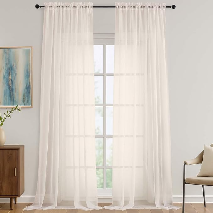 Sheer Cream Curtains 108 Inches Long 2 Panels Set, 59 Inch Extra Wide by OVZME