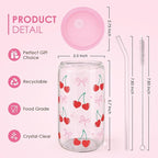Cherry 16 Oz Can Glass Tumbler with Acrylic Lid and Straw - Iced Coffee Cups for Women, Aesthetic Glass Cup Gift for Birthday Christmas