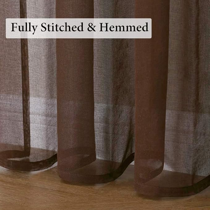 MIULEE Chocolate Brown Linen Textured Semi-Sheer Curtains 54W×96L 2 Panels | - Image 7