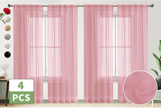 SpaceDresser Sheer Blush Curtains 4 Panels Rod Pocket Semi-Sheer Curtain 84 - Image 2