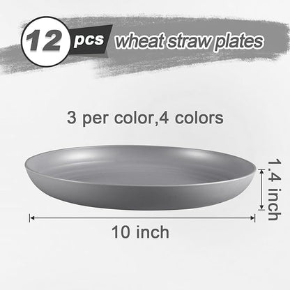 12 Pcs Unbreakable Deep Dinner Plates Set, 10 inch Reusable Plastic Wheat Straw Plates, Microwave and Dishwasher Safe Plate for Kitchen, Lightweight Plate for Dessert, BPA Free, 4 Colors