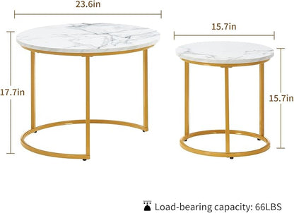 Round Nesting Coffee Table Set of 2, Modern Marble Pattern Wooden Nesting Tables - Image 2