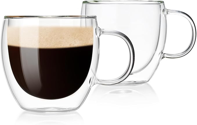 6.7oz Double Wall Espresso Cups Set of 2 With Handle, Clear Expresso Shots Cup, Double Wall Insulated Espresso Mugs, Tazas de Cafe Expreso, Microwave Dishwasher Safe, for Espresso Machine