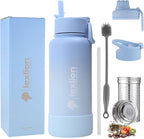 Lexlion 32 Oz Triple Walled Insulated Stainless Steel Fruit Infuser Bottle - Tea Infuser Water Bottle with 3 Lids, Silicone Sleeve, Leakproof, Metal Mug Gallon