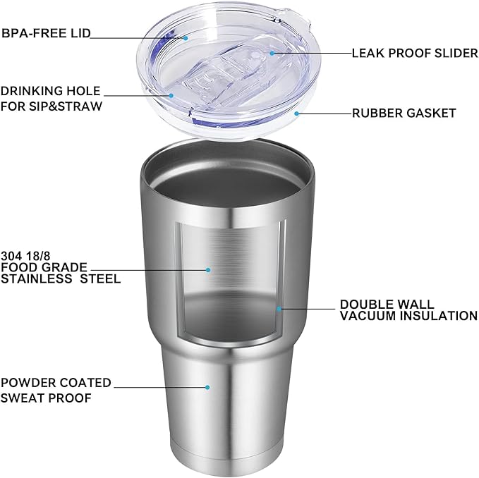 DOMICARE 30 oz Tumbler with Lid and Straw, Stainless Steel Tumblers Bulk, Insulated Vacuum Double Wall Travel Coffee Mug, Durable Powder Coated Tumbler Cups (Stainless Steel, 4)
