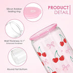 Cherry 16 Oz Can Glass Tumbler with Acrylic Lid and Straw - Iced Coffee Cups for Women, Aesthetic Glass Cup Gift for Birthday Christmas