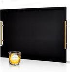22 Inch Rectangle Black Ottoman Tray with Gold Metal Handles, Extra Large Wooden Serving Tray for Living Room, Coffee Table, Kitchen & Hosting
