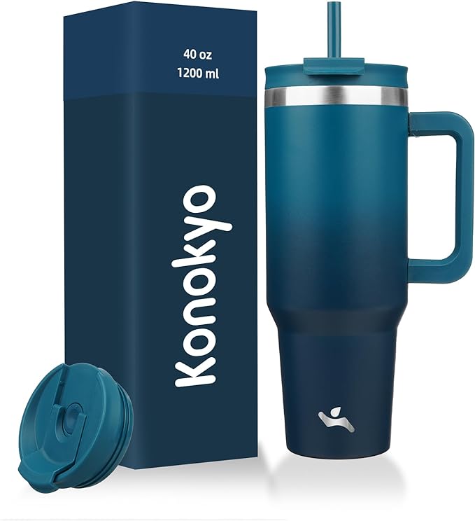 40 oz Tumbler with Handle and 2 Straws,2 in 1 Lid Insulated Water Bottle Stainless Steel Travel Coffee Mug,Indigo Black
