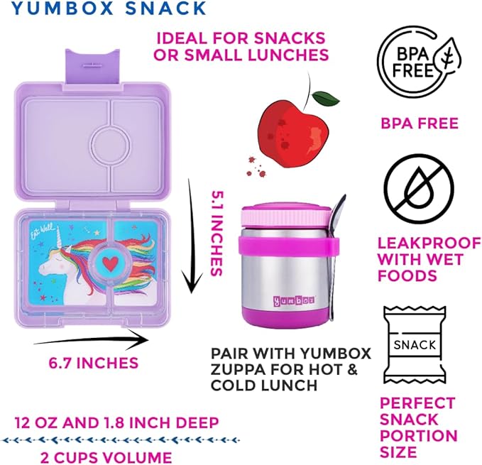 Yumbox Snack Box – Leakproof, BPA-Free, 3-Compartment Snack Container for Kids & Adults – Portable, Lightweight & Easy to Clean – Ideal for Fruits, Veggies, Crackers & Dips (Lavande Unicorn)