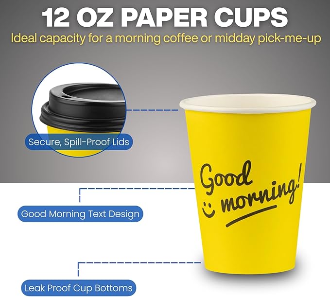 Smygoods Disposable Coffee Cups with Lids, To Go Paper Hot Cups, Good Morning Design (12 OZ, 50 Count) For Hot Beverages, Coffee, Tea, Espresso, Cocoa - Vasos Para Cafe