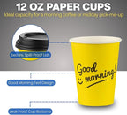 Smygoods Disposable Coffee Cups with Lids, To Go Paper Hot Cups, Good Morning Design (12 OZ, 50 Count) For Hot Beverages, Coffee, Tea, Espresso, Cocoa - Vasos Para Cafe