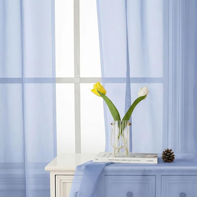 Denim Blue Sheer Curtains 63 Inch Length 2 Panels, Light Filtering Voile - Image 2