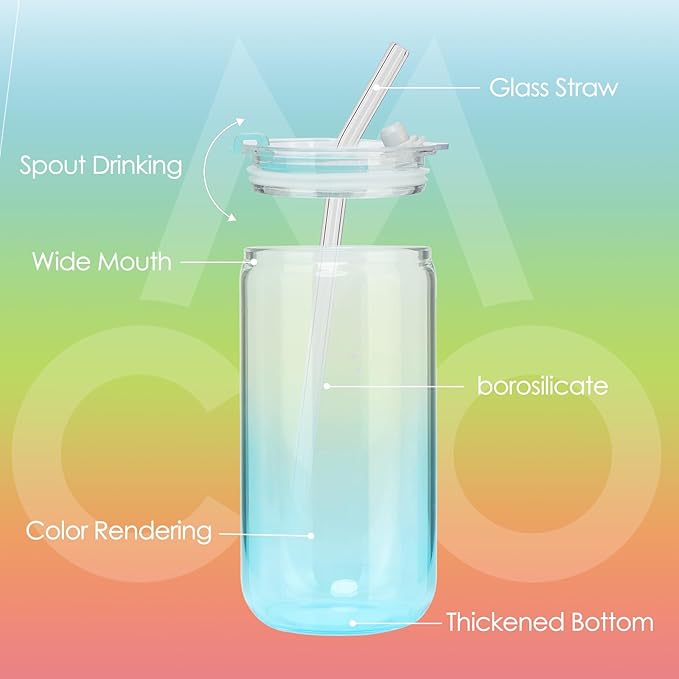 COMI 6pcs Glass Cups with Lids And Straws, Glass Tumbler for Iced Coffee, Drinking Glasses with Two Cleaning Brush,Glass Drinking Set
