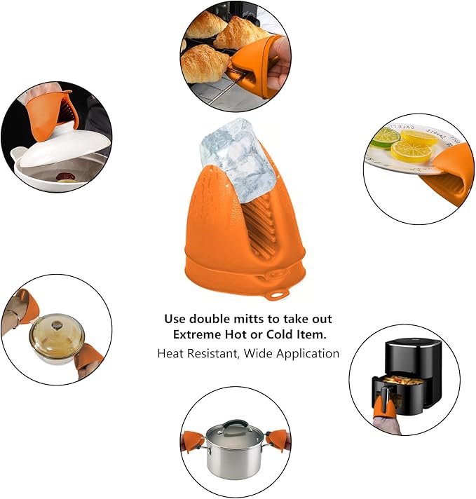 Oven Mitts Silicone Pot Holders Set Heat Resistant for Kitchen - ChufanMomsil 6 PCS Mini Silicone Oven Gloves Kitchen Mittens, Short Pot Pinch Grips for BBQ & Baking, Orange