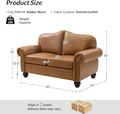 60" Wide Genuine Leather Chesterfield Loveseat, 2 Seat Leather Sofa - Image 2
