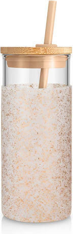 Tronco 20oz Glass Tumbler Glass Water Bottle Straw Silicone Protective Sleeve Bamboo Lid - BPA Free (Dot Bronze/ 1 Pack)