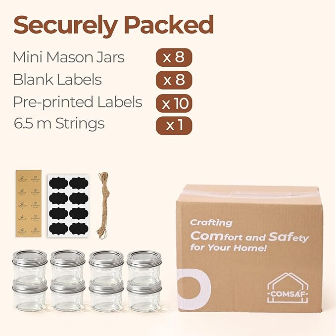ComSaf Mini Mason Jars 4oz - 8 Pack, Regular Mouth Mason Jar with Lids and Seal Bands, Small Glass Canning Jar for Spice, Jam, Honey, Jelly, Dessert, Shower Wedding Favors, DIY Candles Decor