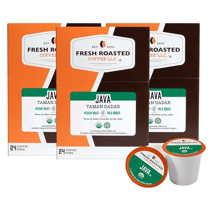 Fresh Roasted Coffee, Organic Java Taman Dadar | USDA Organic, RFA, Kosher | Medium Roast 72 Pods for K Cup Brewers