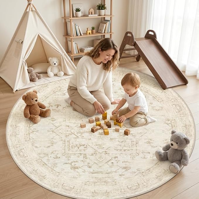 Round Area Rug Living Room: 6ft Washable Carpet Beige/Brown | Vintage Boho - Image 3