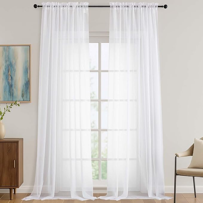 White Sheer Curtains 120 Inches Long 2 Panels Set, 59 Inch Extra Wide Soft Airy by OVZME