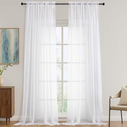 White Sheer Curtains 120 Inches Long 2 Panels Set, 59 Inch Extra Wide Soft Airy by OVZME