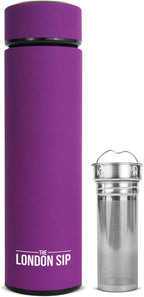 London Sip Multi-Purpose Travel Mug and Tumbler Fruit Infused Flask Hot and Cold Double Wall Stainless Steel Thermos with Extra-Long Infuser, Purple
