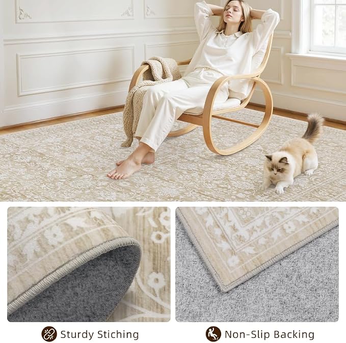 10x12 Area Rugs Living Room: Bedroom Washable Carpet Natural Beige | Large - Image 4