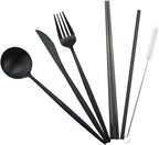 Gugrida Reusable Travel Utensils, 7 Piece Portable 304 Stainless Steel including Knife Fork Spoon Chopsticks Cleaning Brush Straws Portable Pouch, Eco-friendly Camping Silverware Set, Dishwasher Safe