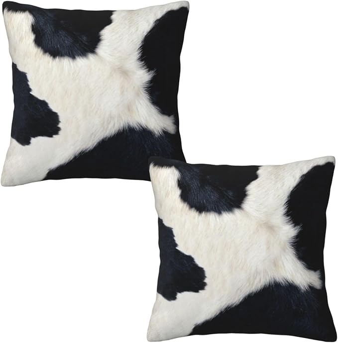 Black and White Western Cow Print Pillow Covers 18x18 Set of 2, Cowhide Accent by Tebjh