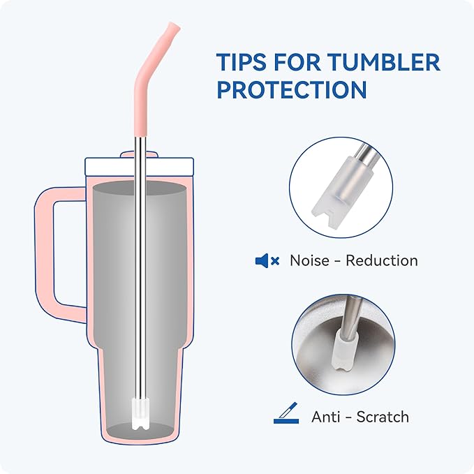Reusable Metal Straws with Silicone Tip for Stanley 30oz,Stainless Steel Drinking Straws for 30oz Tumbler,3 Straight Tubes & 6 Tips& 1 Cleanr Brush (Rose Quartz)