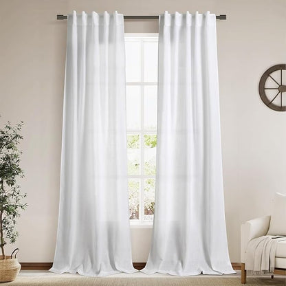 Linen White Curtains 120 Inches Long 2 Panels Set Back Tab Rod Pocket Semi by Nanspring