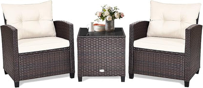 COSTWAY 3PCS Patio Furniture Set, PE Rattan Wicker Sofa w/Washable Cushion and by COSTWAY
