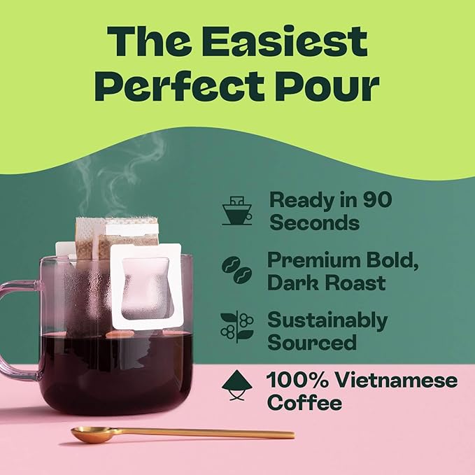 Copper Cow Premium Pour Over Single-Serve Vietnamese Coffee | Classic Black, Churro | Dark Roast | Includes 16 Coffees