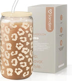 SANDJEST Leopard Glass Can, Beige Leopard Print Cup with Lid & Straw, Iced Coffee Aesthetic Cups, Gift for Christmas Birthday Mother Day, Gifts for Women, 16oz