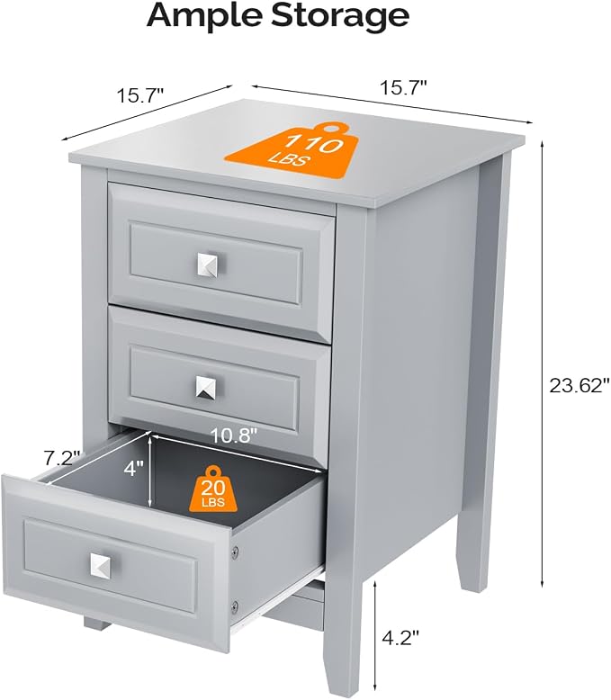 Bonnlo Gray Nightstand with 3 Drawers, Modern Night Stand - Image 2