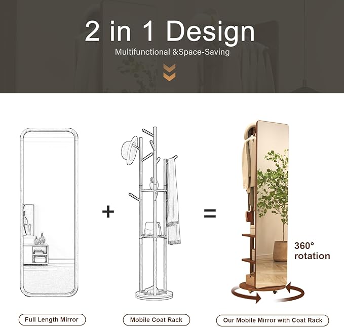 Muwuele Solid Wood Full Length Mirror Coat Rack, Floor Mirror - Image 3